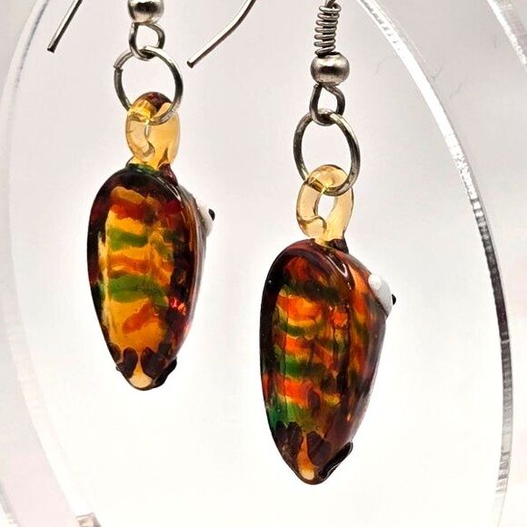 Hand Blown Art Glass Owl Set 17" Ribbon and Cord Necklace Dangle Hook Earrings - Picture 3 of 7